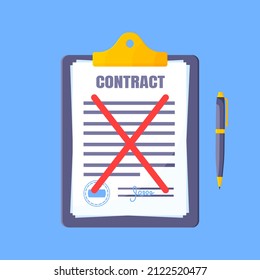 Contract cancellation business concept. Terminated tearing contract paper sheet breach on clipboard flat style design vector illustration isolated on white background.