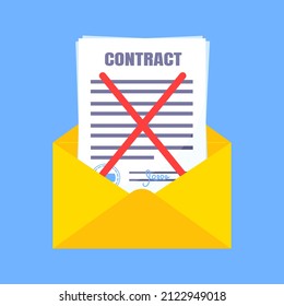 Contract Cancellation Business Concept. Terminated Tearing Contract Paper Sheet Breach In The Mail Envelope Flat Style Design Vector Illustration Isolated On White Background.