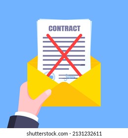 Contract Cancellation Business Concept. Terminated Tearing Contract Paper Sheet Breach In The Mail Envelope Flat Style Design Vector Illustration Isolated On White Background.