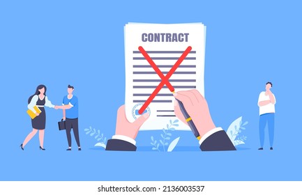 Contract cancellation business concept. Terminated tearing contract paper sheet breach flat style design vector illustration. Business people running toward giant hands with tearing contract papers.