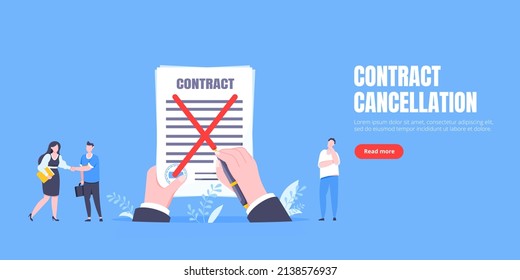 Contract cancellation business concept. Terminated tearing contract paper sheet breach flat style design vector illustration. Business people running toward giant hands with tearing contract papers.