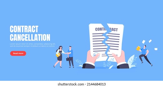 Contract cancellation business concept. Terminated tearing contract paper sheet breach flat style design vector illustration. Business people running toward giant hands with tearing contract papers.