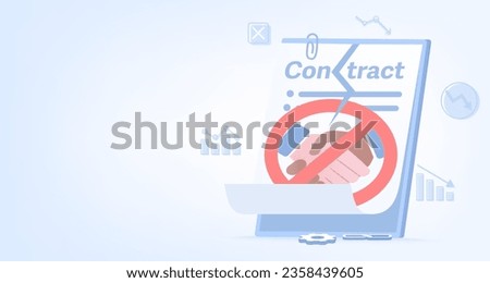 Contract cancellation business concept. Termination or dismissal contract tear, contract failure, negotiation, problem, destroy, disagree, reject confirmation. Flat vector illustration copy space.