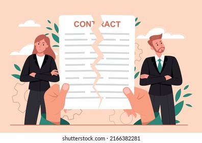 Contract cancellation concept. Man and girl dissatisfied with fulfillment of conditions. Problems, unsuccessful negotiations. Companies have ceased cooperation. Cartoon flat vector illustration