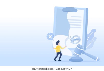 Contract cancellation concept. Problems, unsuccessful negotiation, termination of employment, fired from work, tearing up contract paper, disagreement and reject confirmation. Vector illustration.
