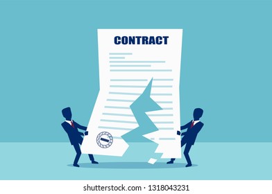 Contract cancellation concept. Vector of two business men tearing in half contract agreement.