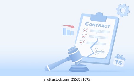 Contract cancellation and stock slump concept. Termination or dismissal contract tear, contract failure, stock market crash and reject confirmation. Flat vector design illustration with copy space.