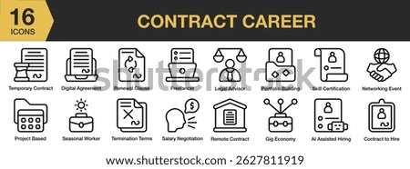 Contract Career icon set. Includes contract, business, career, job, meeting, office, work, and More. Outline icons vector collection.