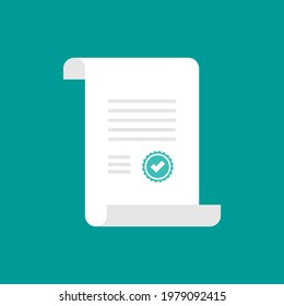 Contract or certificate signing.  Business agreement memorandum with stamp or validation seal.  Legal document. Vector flat illustration. 