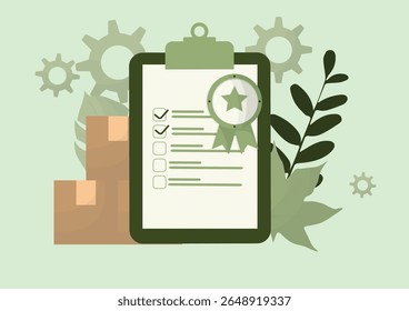 Ilustração da lista de verificação do contrato. Negócios ecológicos com área de transferência, marcas de seleção, caixas de entrega para planejamento de responsabilidade corporativa. Contratos públicos sustentáveis. Gerenciamento da cadeia de fornecimento. Ilustração vetorial