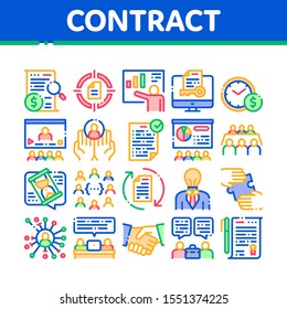 Contract Collection Elements Icons Set Vector Thin Line. Human Silhouette And Hands, Handshake And Agreement Contract Document With Pen Concept Linear Pictograms. Color Contour Illustrations