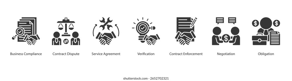 Contract Compliance web banner icon set vector business compliance, contract dispute, service agreement, verification, contract enforcement, negotiation, obligation