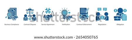 Contract Compliance web banner icon sheet vector business compliance, contract dispute, service agreement, verification, contract enforcement, negotiation, obligation