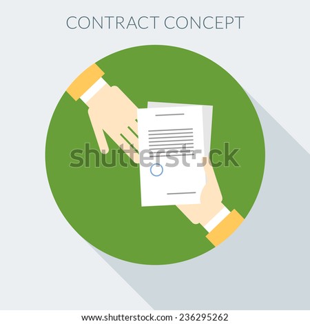 Contract concept. Hand giving document to other hand. Flat design style vector illustration