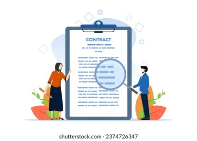 Contract concept in hand. While holding a magnifying glass, study the terms of the agreement. Signing business documents. Examination of legal documents. Successful deal. vector design illustration.