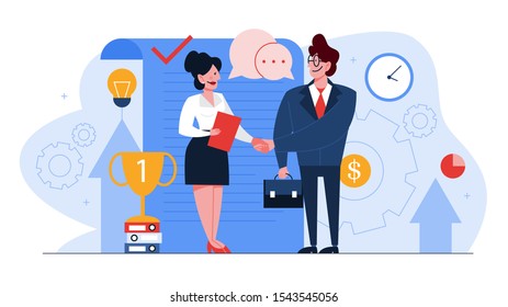 Contract concept. Official agreement and handshake, idea of partnership and corporate business. Isolated vector cartoon illustration