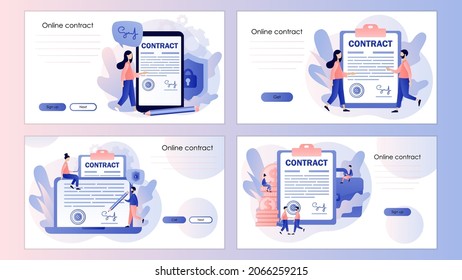 Contract concept. Tiny business people signing agreement or contract online. Digital signature. Screen template for landing page, template, ui, web, mobile app, poster, banner, flyer. Vector 