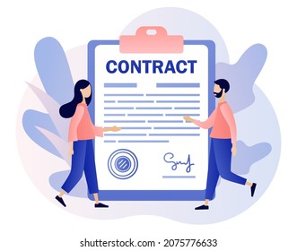 Contract concept. Tiny business people signing agreement, legal document or contract online. Digital signature. Modern flat cartoon style. Vector illustration on white background