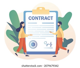 Contract concept. Tiny man and wonan signing agreement, legal document or contract online. Digital signature. Modern flat cartoon style. Vector illustration on white background