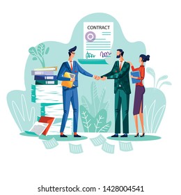 Contract conclusion concept vector illustration. Satisfied businessmen shake hands against signed agreement with seal and signatures, woman stands behind back with hand on his shoulder