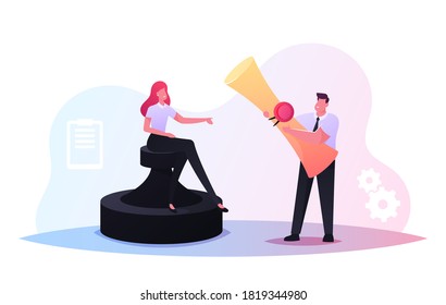 Contract Conclusion. Tiny Business Characters with Huge Scroll and Seal Stamp for Finance or Law Document Approval. Bureaucratic Officials with Working Attributes. Cartoon People Vector Illustration