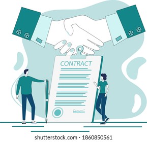 Conclusión del contrato.Avisar el fondo de un contrato firmado.Concepto de un contrato, transacción y negociaciones comerciales.Ilustración vectorial plana.