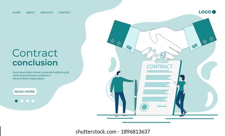 Contract conclusion.Handshake on the background of a signed contract.The concept of a contract, transaction, and business negotiations.Flat vector illustration.The template of the landing page.