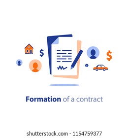 Contract creation service, document formation, application form composition, obligation concept, last will paper, prenup terms conditions, divorce property separation, settlement agreement vector icon