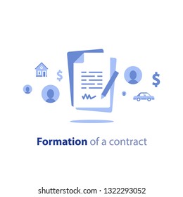 Contract Creation Service, Document Formation, Application Form Composition, Obligation Concept, Last Will Paper, Prenup Terms Conditions, Divorce Property Separation, Settlement Agreement Vector Icon