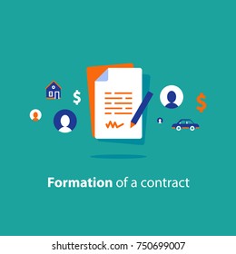 Contract Creation Service, Document Formation, Application Form Composition, Obligation Concept, Last Will Paper, Prenup Terms Conditions, Divorce Property Separation, Settlement Agreement Vector Icon