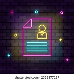 Contract, cv, multicolor neon icon on dark brick wall