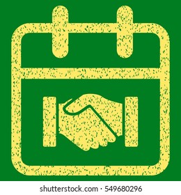 Contract Day grainy textured icon for overlay watermark stamps. Flat symbol with scratched texture. Dotted vector yellow ink rubber seal stamp with grunge design on a green background.