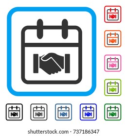 Contract Day icon. Flat gray iconic symbol in a light blue rounded rectangular frame. Black, gray, green, blue, red, orange color additional versions of Contract Day vector.