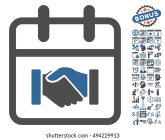 Contract Day pictograph with bonus calendar and time management clip art. Vector illustration style is flat iconic bicolor symbols, cobalt and gray colors, white background.