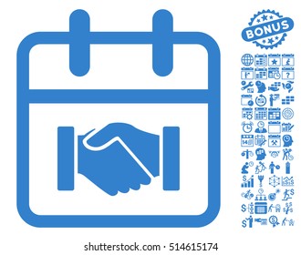 Contract Day pictograph with bonus calendar and time management design elements. Vector illustration style is flat iconic symbols, cobalt color, white background.