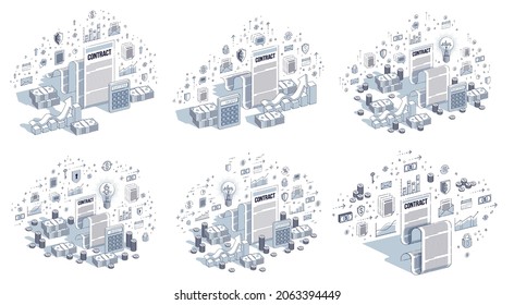 Contract and dealing concept 3D vector designs set isolated on white background, stylish business and finance theme illustrations collection.