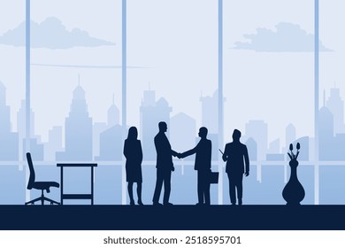 Contract dealing scene with office background and city buildings silhouettes. Vector illustration poster design template