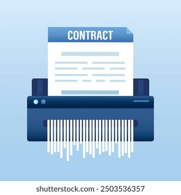 Contract for destruction in shredder machine. Paper shredder. Information protection. Contract failure agreement, cancelation company business, no deal, refuse job offer. flat vector illustration