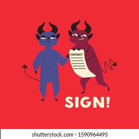 Contract with devil flat vector illustration. Signing agreement with satan. Horned monster offering dangerous treaty. Deceitful business deal, fraud concept. Selling soul to devil metaphor.