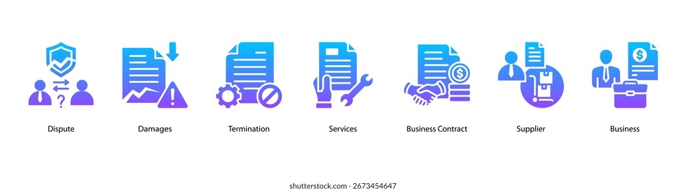 banner da Web Contract Dispute (Contestação de contrato) com Dispute (Contestação), Damages (Danos), Termination (Rescisão), Services (Serviços), Business Contract (Contrato comercial), Supplier (Fornecedor) e Business (Negócios) para resolver conflitos em relacionamentos comerciais.