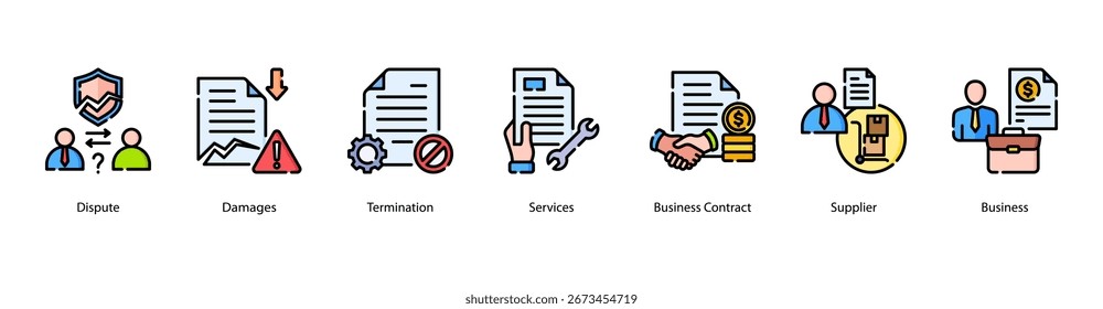 Contract Dispute web banner featuring Dispute, Damages, Termination, Services, Business Contract, Supplier, and Business for resolving conflicts in commercial relationships.