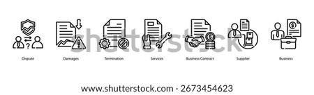 Contract Dispute web banner featuring Dispute, Damages, Termination, Services, Business Contract, Supplier, and Business for resolving conflicts in commercial relationships.