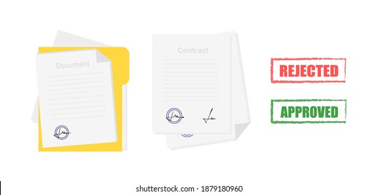 Contrato aprobado o rechazado. Documento con sello. Ilustración plana vectorial. Firmar un contrato, tratado, acuerdo. Vista superior. Concepto de papeleo, documento de negocios.