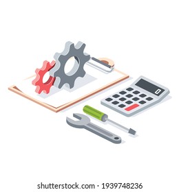 Contract document, calculator, repair service tools, stroke illustration. Vector 3d line isometric, color web icons, new flat style. Creative design idea for infographics.