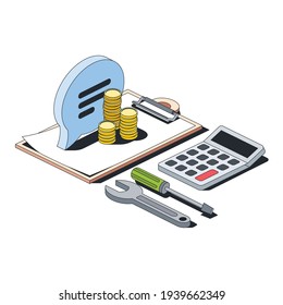 Contract document, consulting, assistant, coins, repair service tools, calculator, stroke illustration.Vector 3d line isometric, color web icons, new flat style. Creative design idea for infographics.