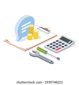 Contract document, consulting, assistant, coins, repair service tools, calculator, stroke illustration.Vector 3d line isometric, color web icons, new flat style. Creative design idea for infographics.