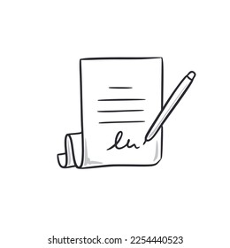 Contract document doodle. Contract paper with signature hand drawn sketch style icon. Agreement comic doodle drawn concept. Vector illustration.