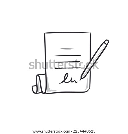 Contract document doodle. Contract paper with signature hand drawn sketch style icon. Agreement comic doodle drawn concept. Vector illustration.