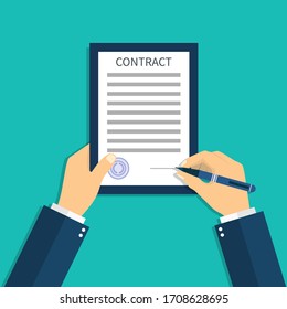 Contract document in hand. Sign agreement. Hold insurance license. Writing legal, business, medical notes. Agree and signature approval from pen. Investment, corporate concept. Diplomacy work. Vector.