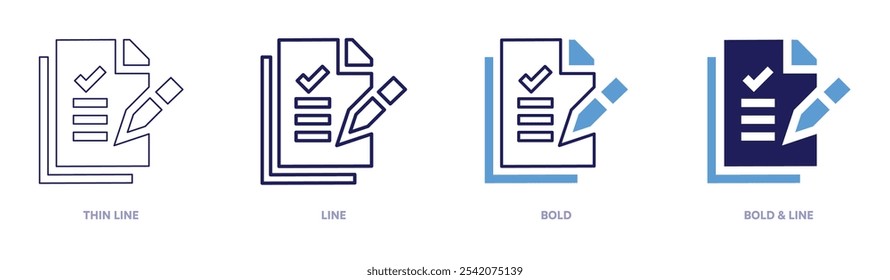 Icono de documento de contrato en 4 estilos diferentes. Línea delgada, línea, negrita y línea negrita. Estilo duotono. Trazo editable.